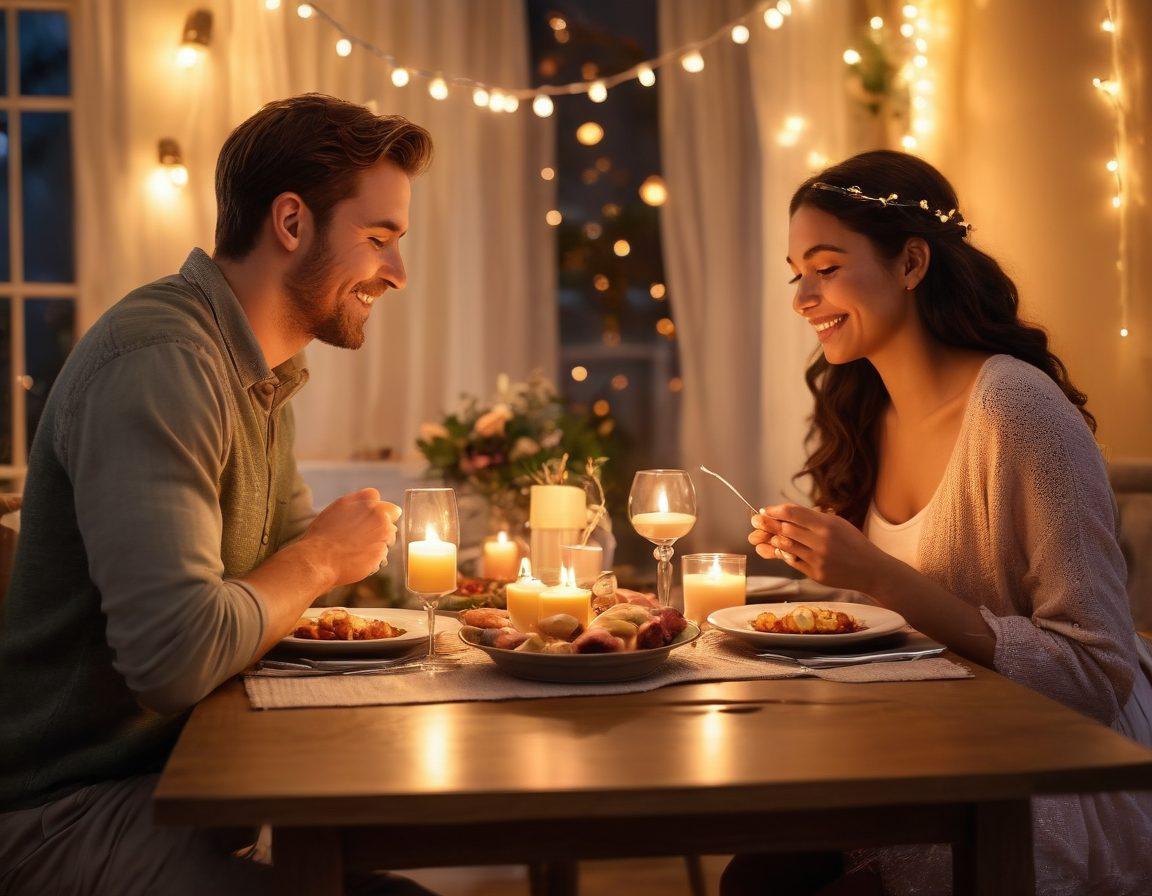 A cozy candlelit dinner setup with a beautifully set table, featuring delicious food and romantic decorations. In the background, a couple is playfully sharing a dessert, embodying joy and togetherness. Soft fairy lights twinkle above them, creating a warm and inviting atmosphere. The scene emphasizes love, fun, and connection. super-realistic. vibrant colors. warm lighting.