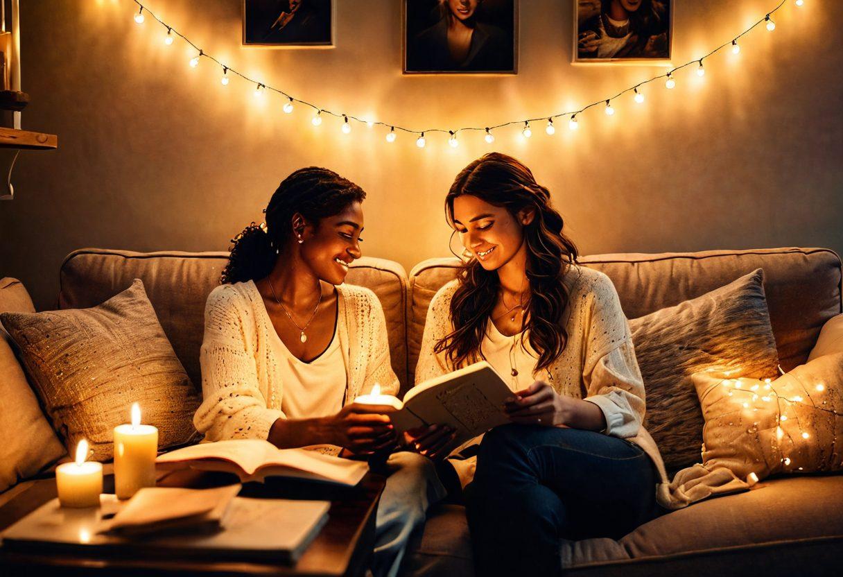A couple sitting on a cozy couch, surrounded by candles and soft fairy lights, engaging in a heartfelt conversation. On a nearby coffee table, a journal filled with love notes and pictures from their journey together, symbolizing connection and intimacy. The warm glow from the lights creates an inviting atmosphere, emphasizing love and togetherness. super-realistic. vibrant colors. soft focus.