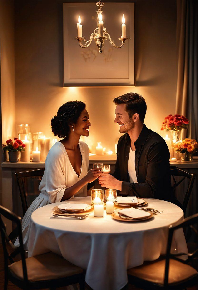 A cozy, romantic setting emphasizing endearing gestures between a couple, featuring gentle touches, warm smiles, and intertwined hands. The background showcases soft lighting, candles, and a beautifully set table for two adorned with flowers. Add elements of open communication like love notes and a shared laugh, symbolizing strong emotional connection. super-realistic. warm tones. intimate atmosphere. 